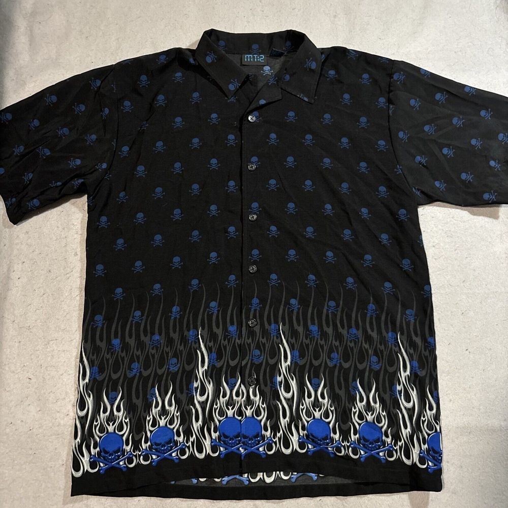 Vintage MT:2 Large Rockabilly‎ Flames Skulls Bowling Button Shirt